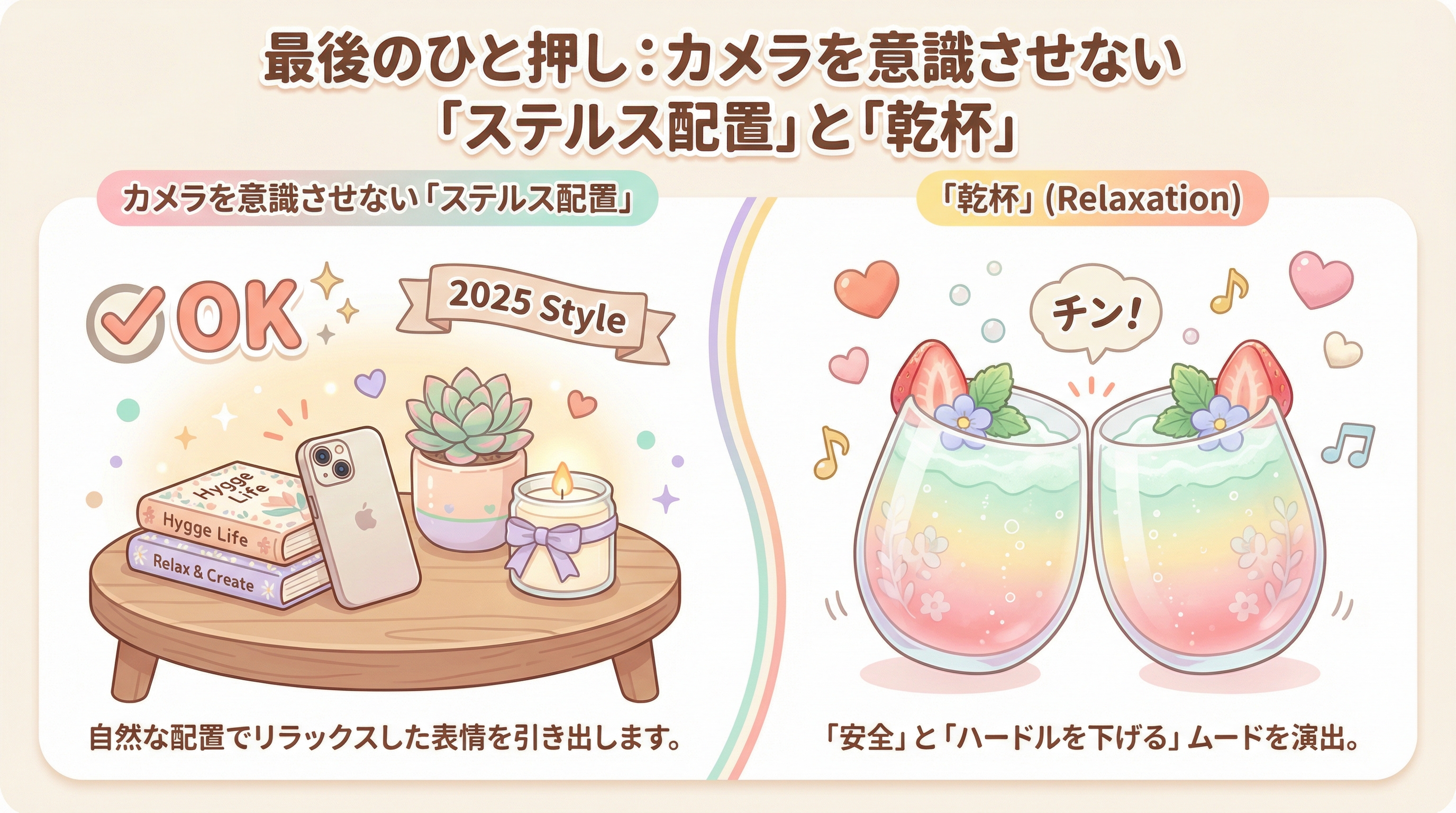 最後のひと押し:カメラを意識させない「ステルス配置」と「乾杯」