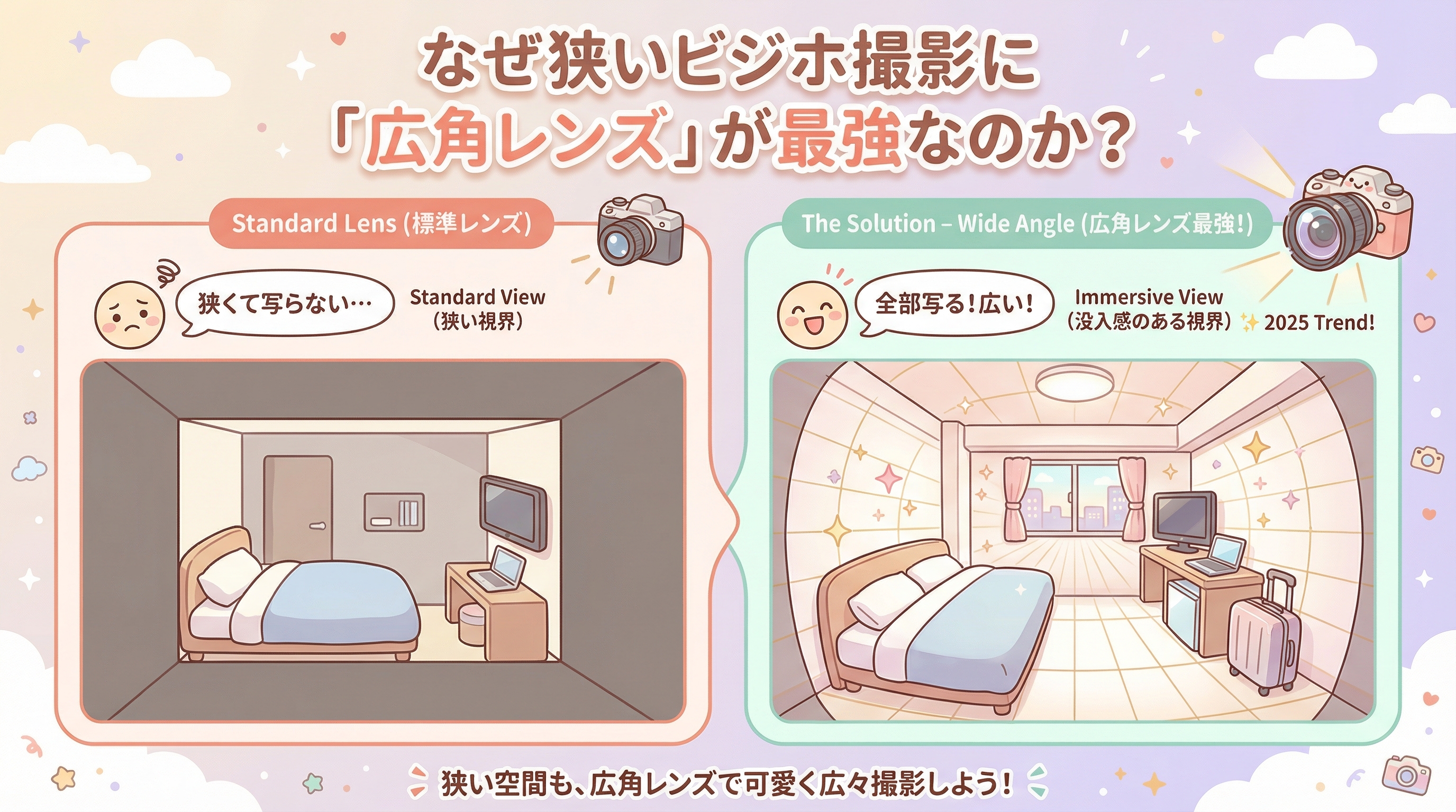 なぜ狭いビジホ撮影に「広角レンズ」が最強なのか?