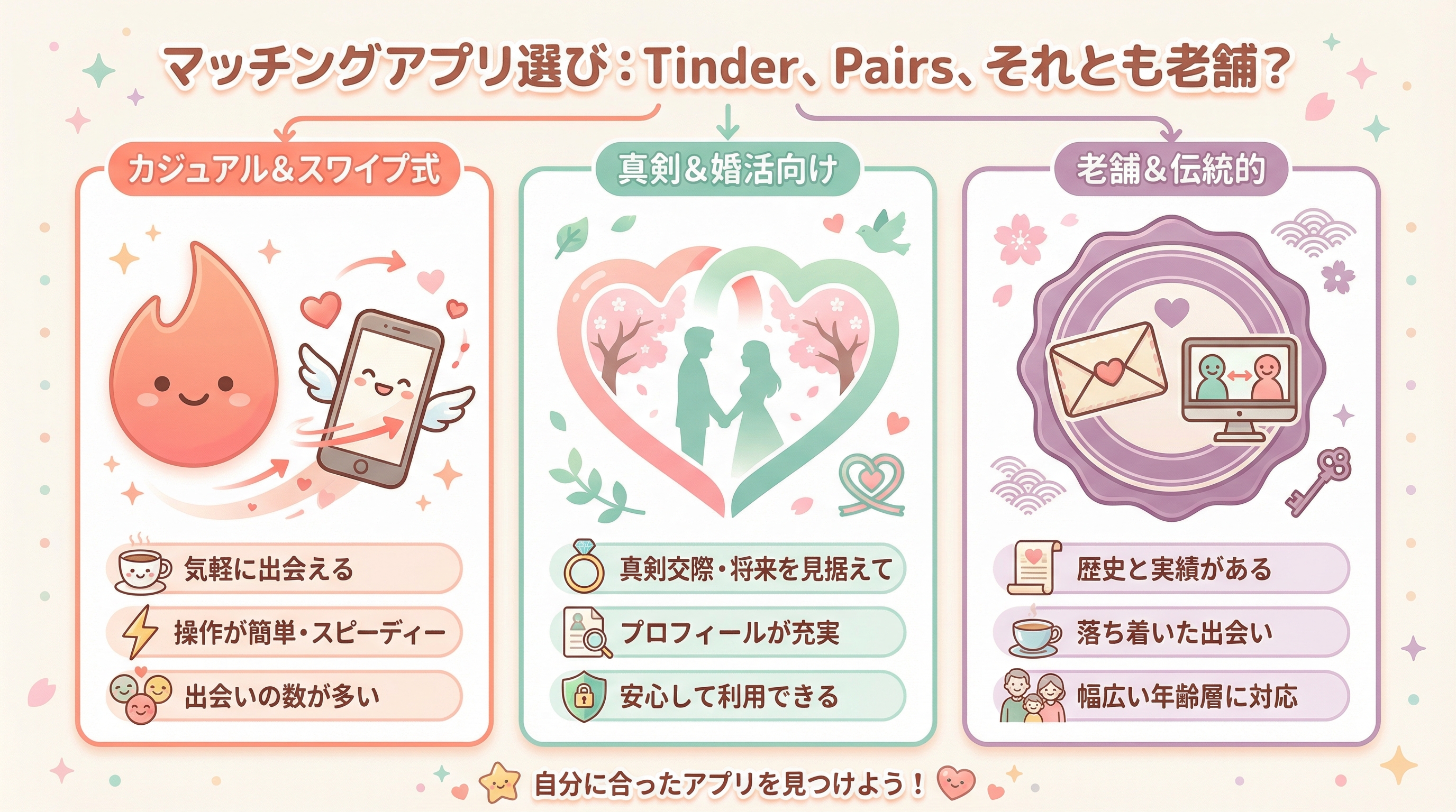 マッチングアプリ選び：Tinder、Pairs、それとも老舗？
