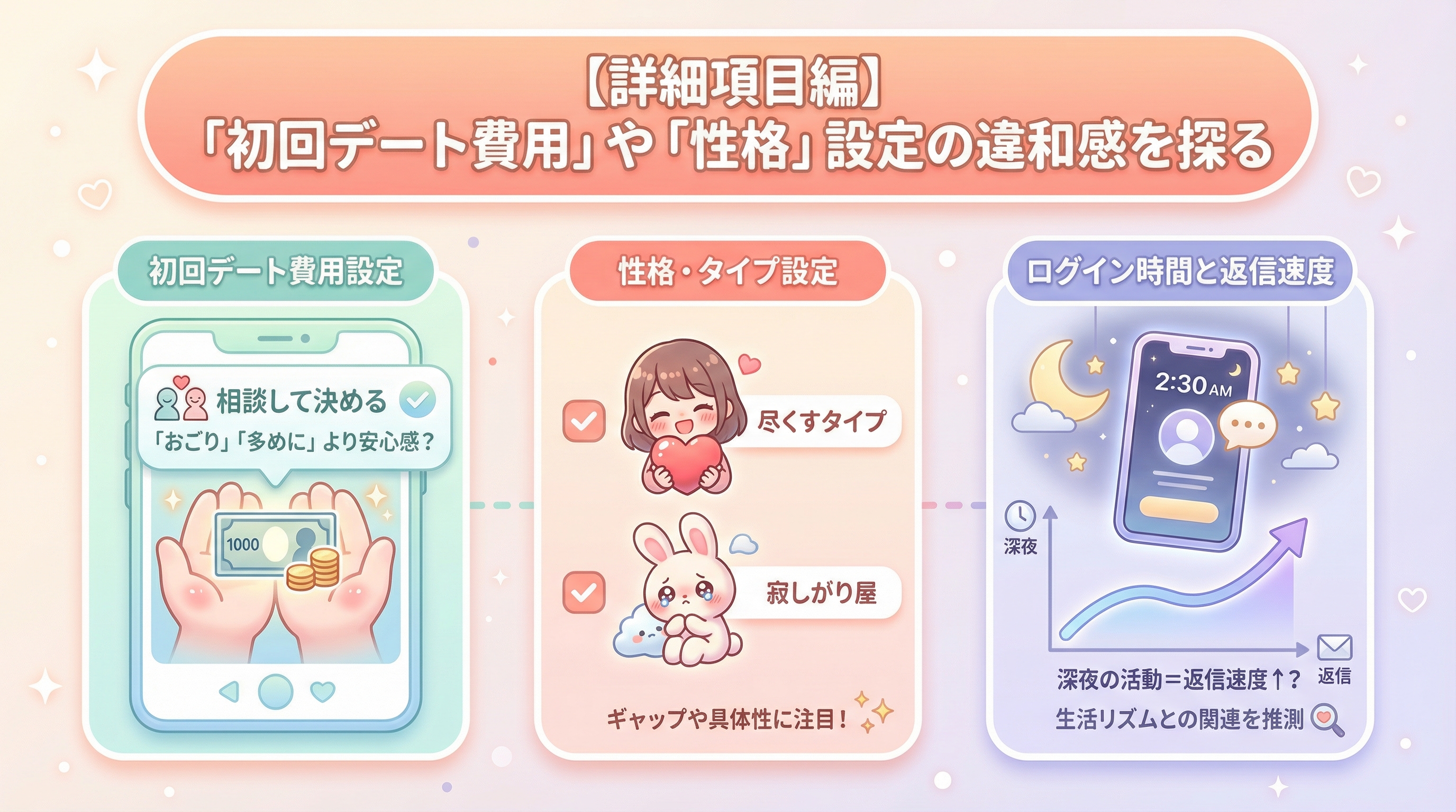 【詳細項目編】「初回デート費用」や「性格」設定の違和感を探る