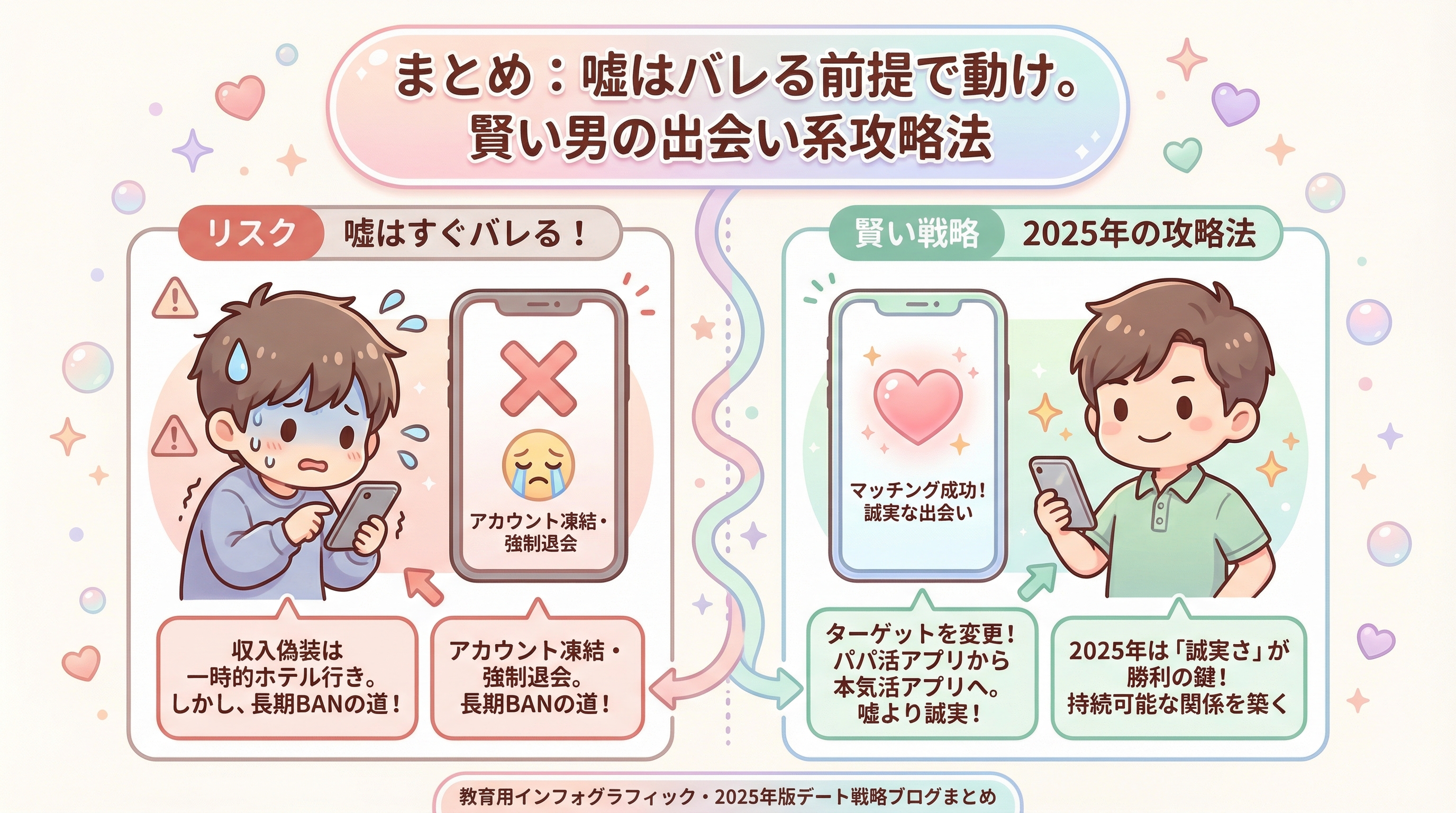 まとめ:嘘はバレる前提で動け。賢い男の出会い系攻略法