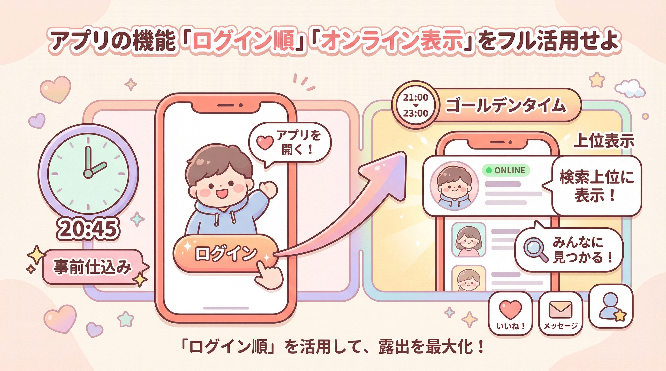 アプリの機能「ログイン順」「オンライン表示」をフル活用せよ