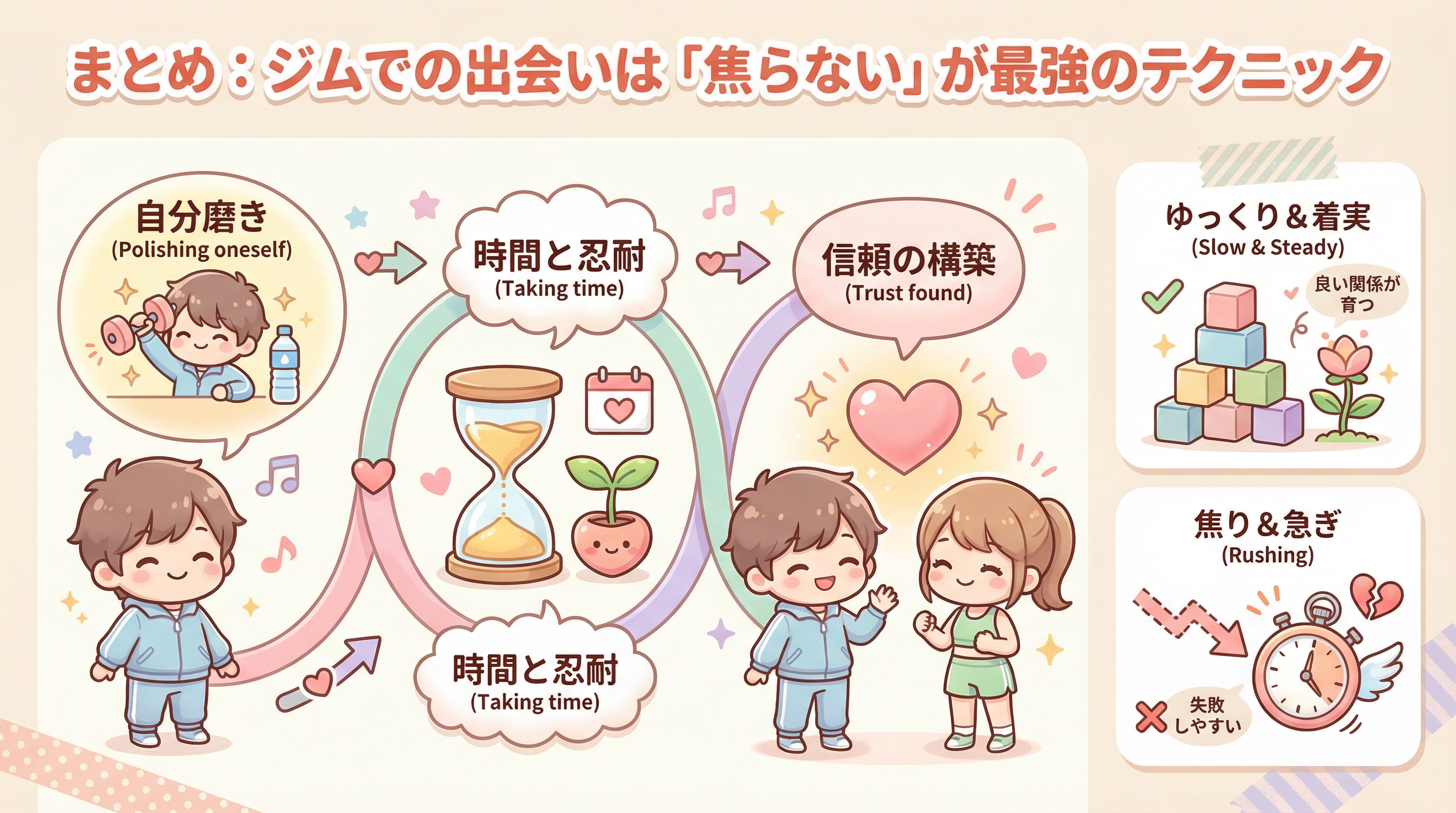 まとめ：ジムでの出会いは「焦らない」が最強のテクニック