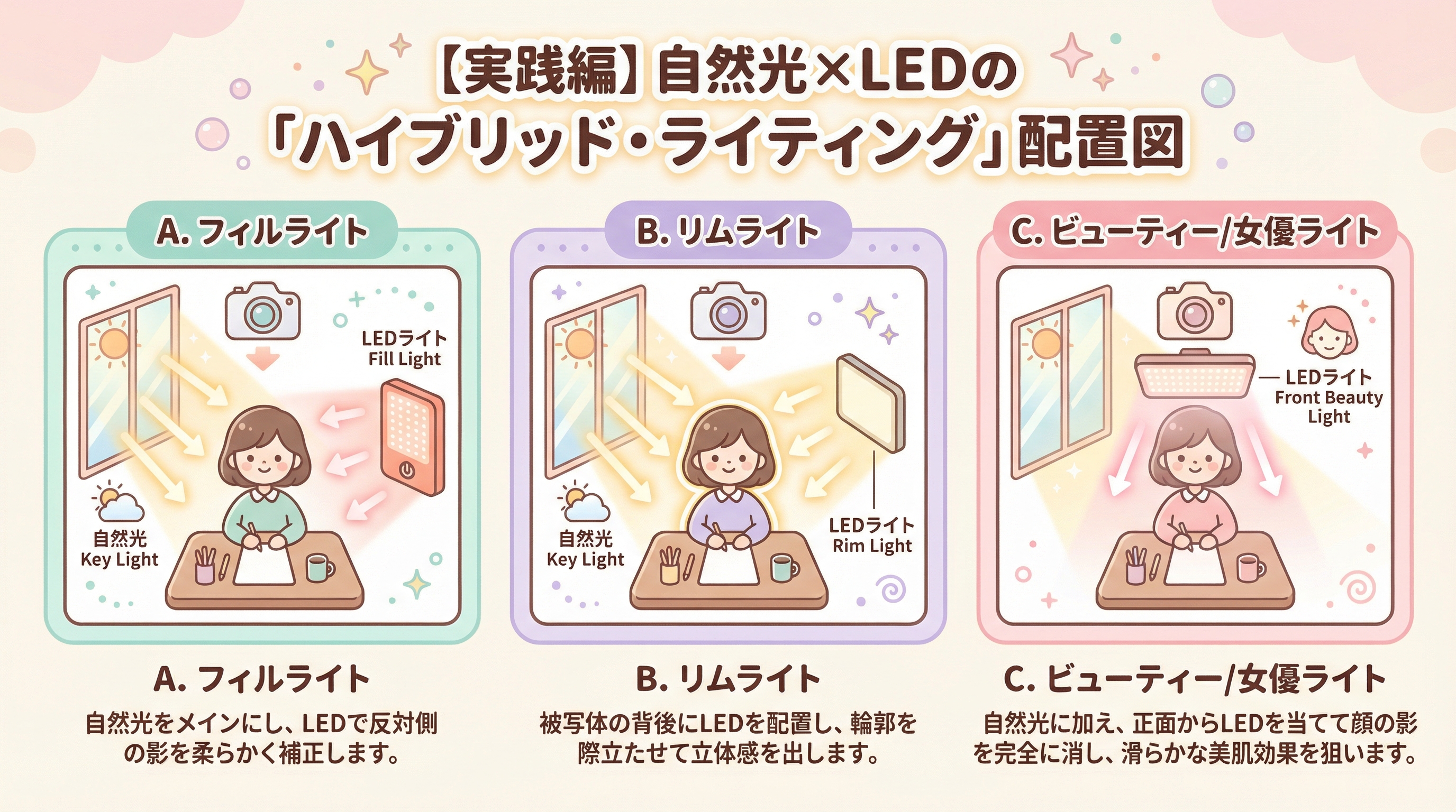 【実践編】自然光×LEDの「ハイブリッド・ライティング」配置図