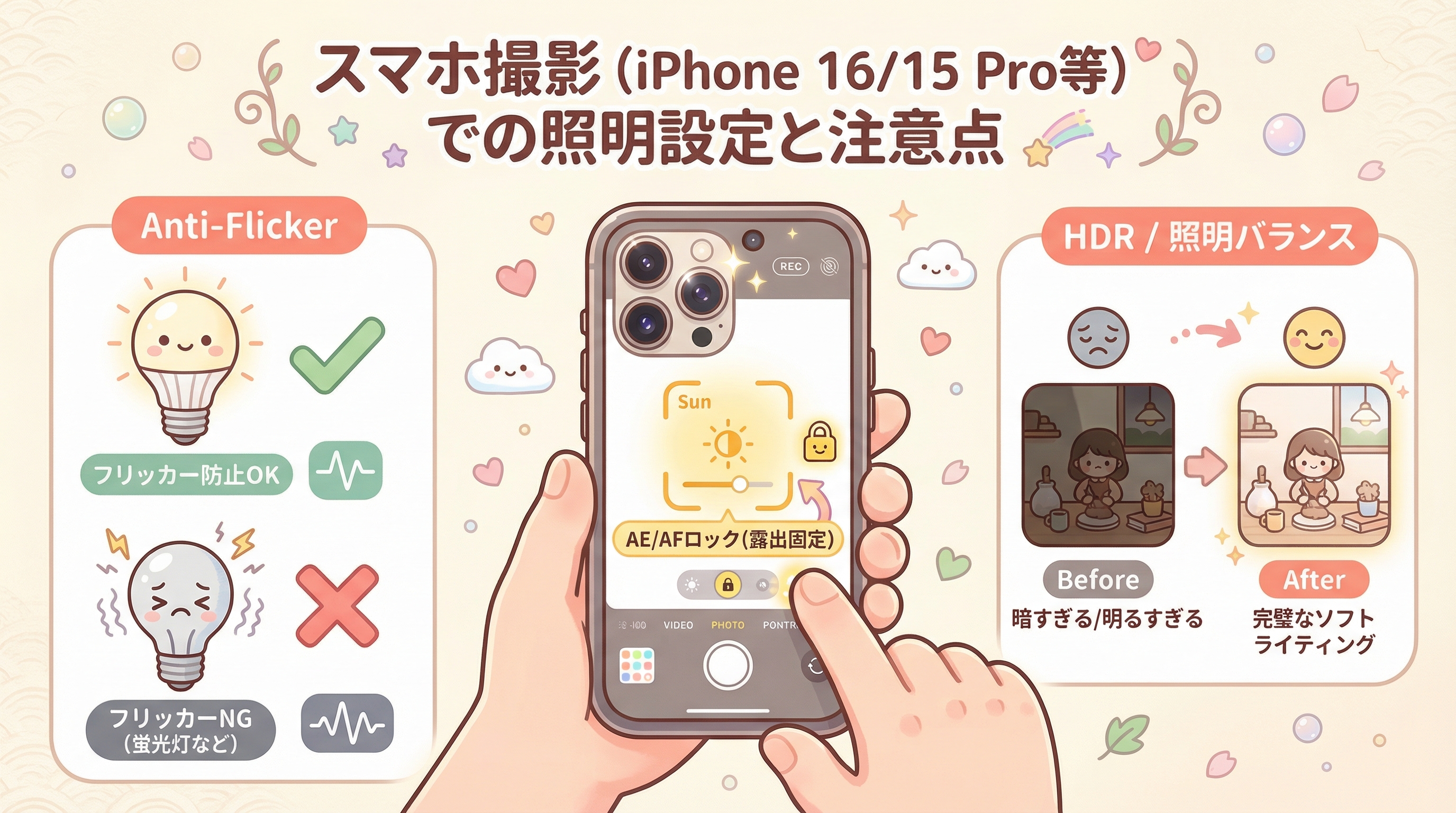 スマホ撮影（iPhone 16/15 Pro等）での照明設定と注意点