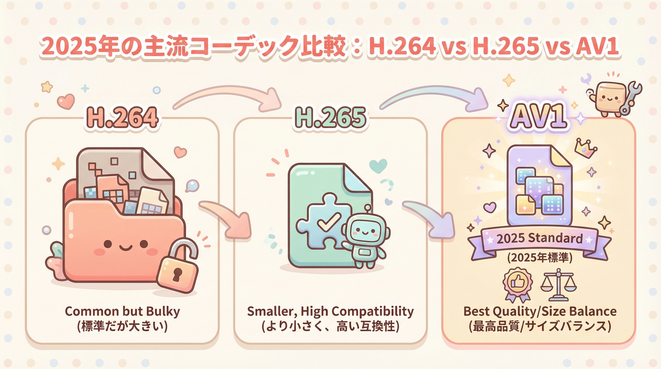 2025年の主流コーデック比較：H.264 vs H.265 vs AV1