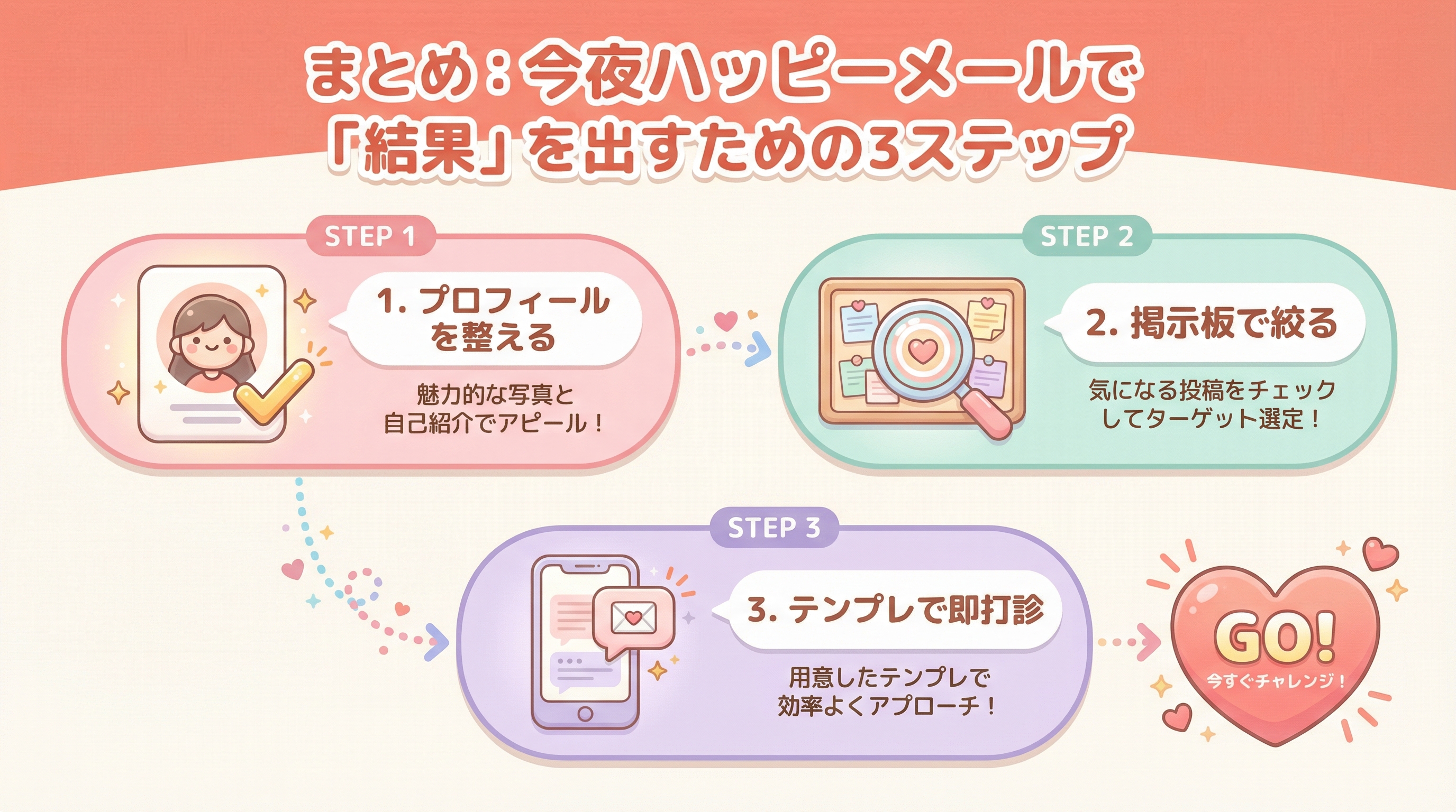 まとめ:今夜ハッピーメールで「結果」を出すための3ステップ