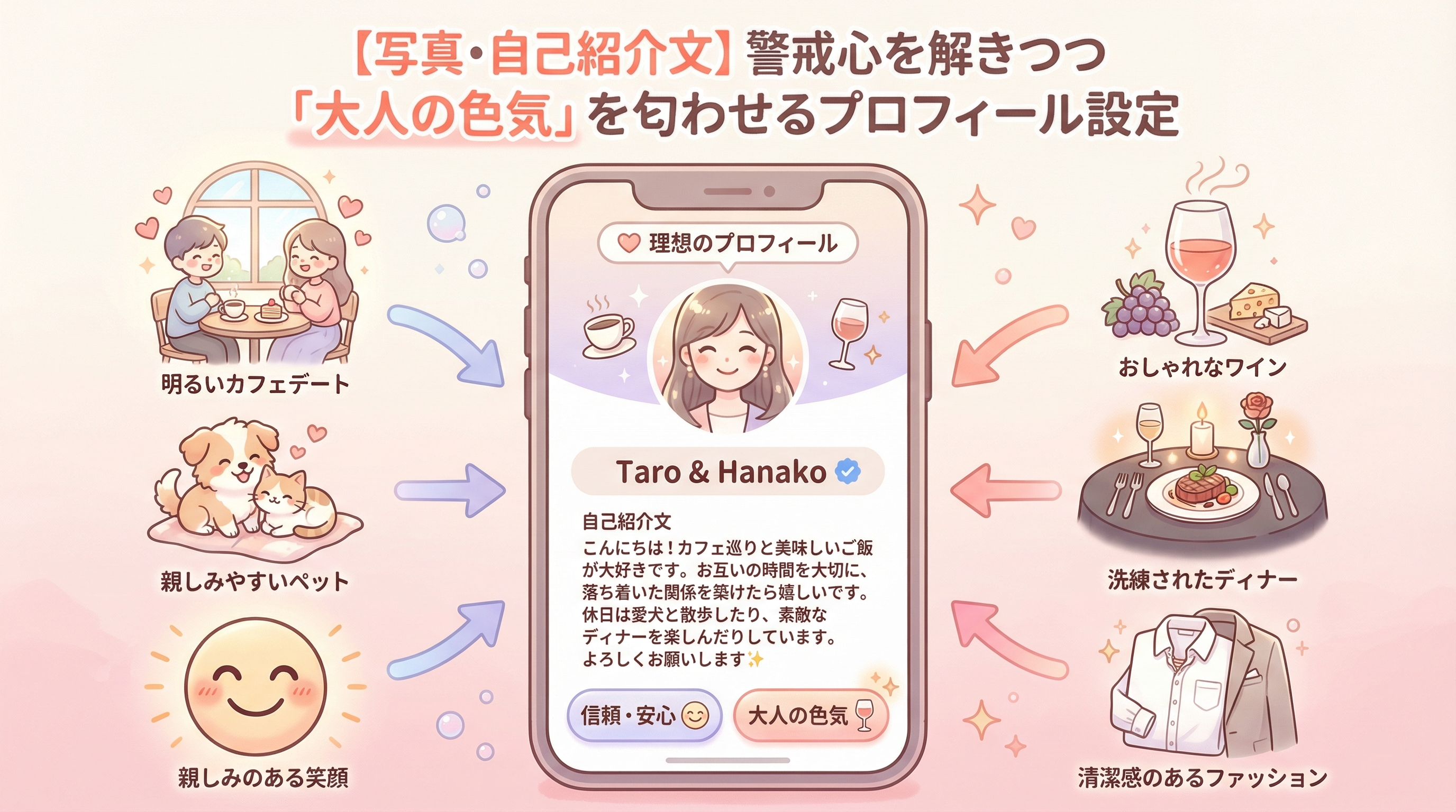 【写真・自己紹介文】警戒心を解きつつ「大人の色気」を匂わせるプロフィール設定