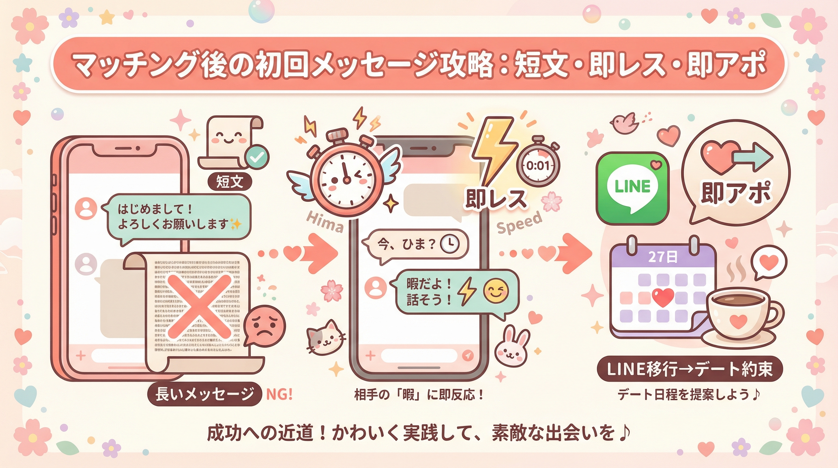 マッチング後の初回メッセージ攻略：短文・即レス・即アポ