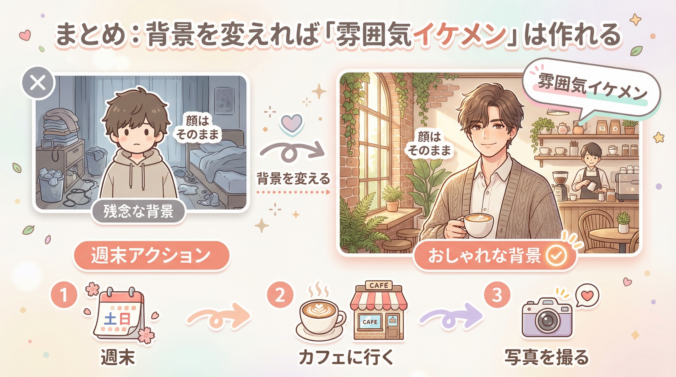 まとめ：背景を変えれば「雰囲気イケメン」は作れる