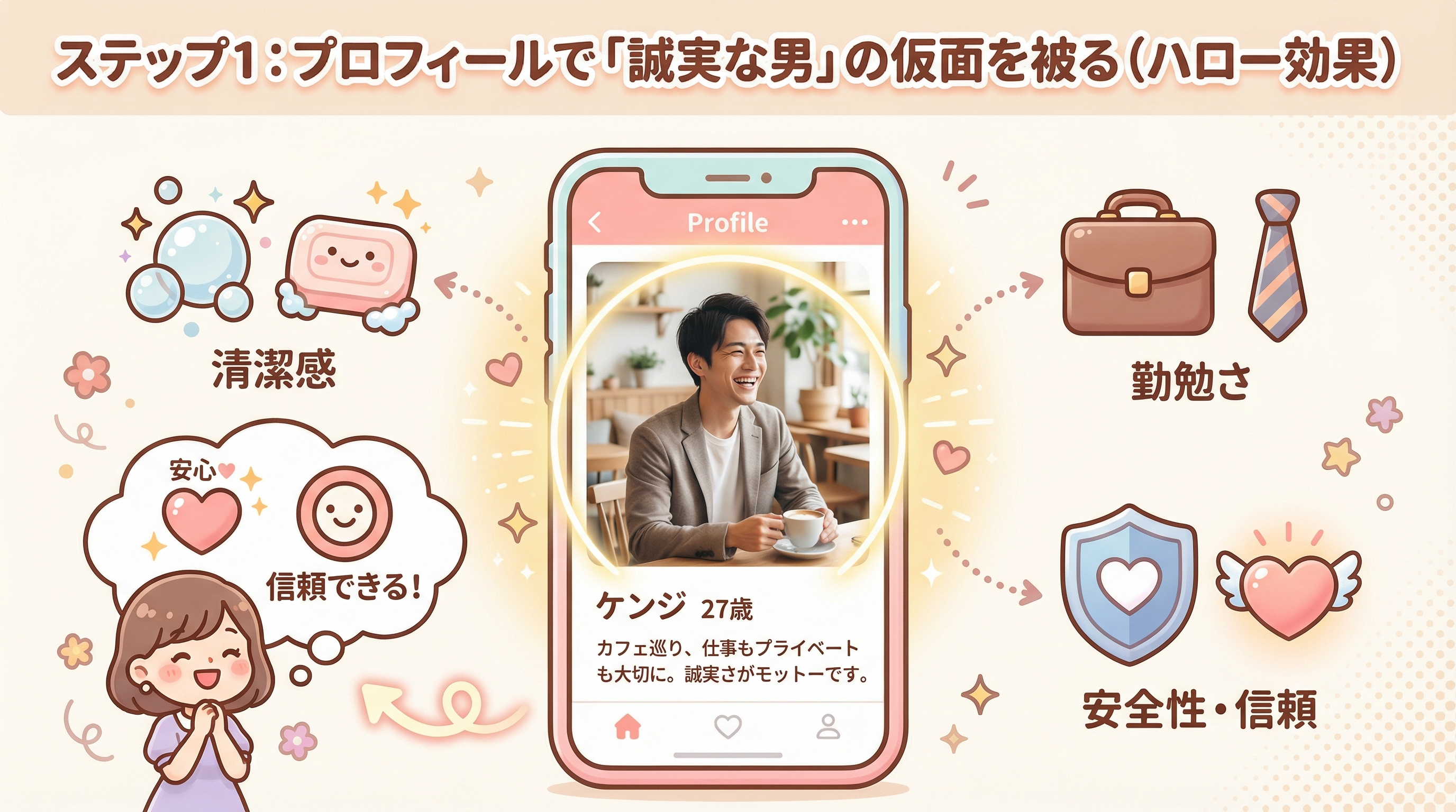 ステップ1:プロフィールで「誠実な男」の仮面を被る(ハロー効果)