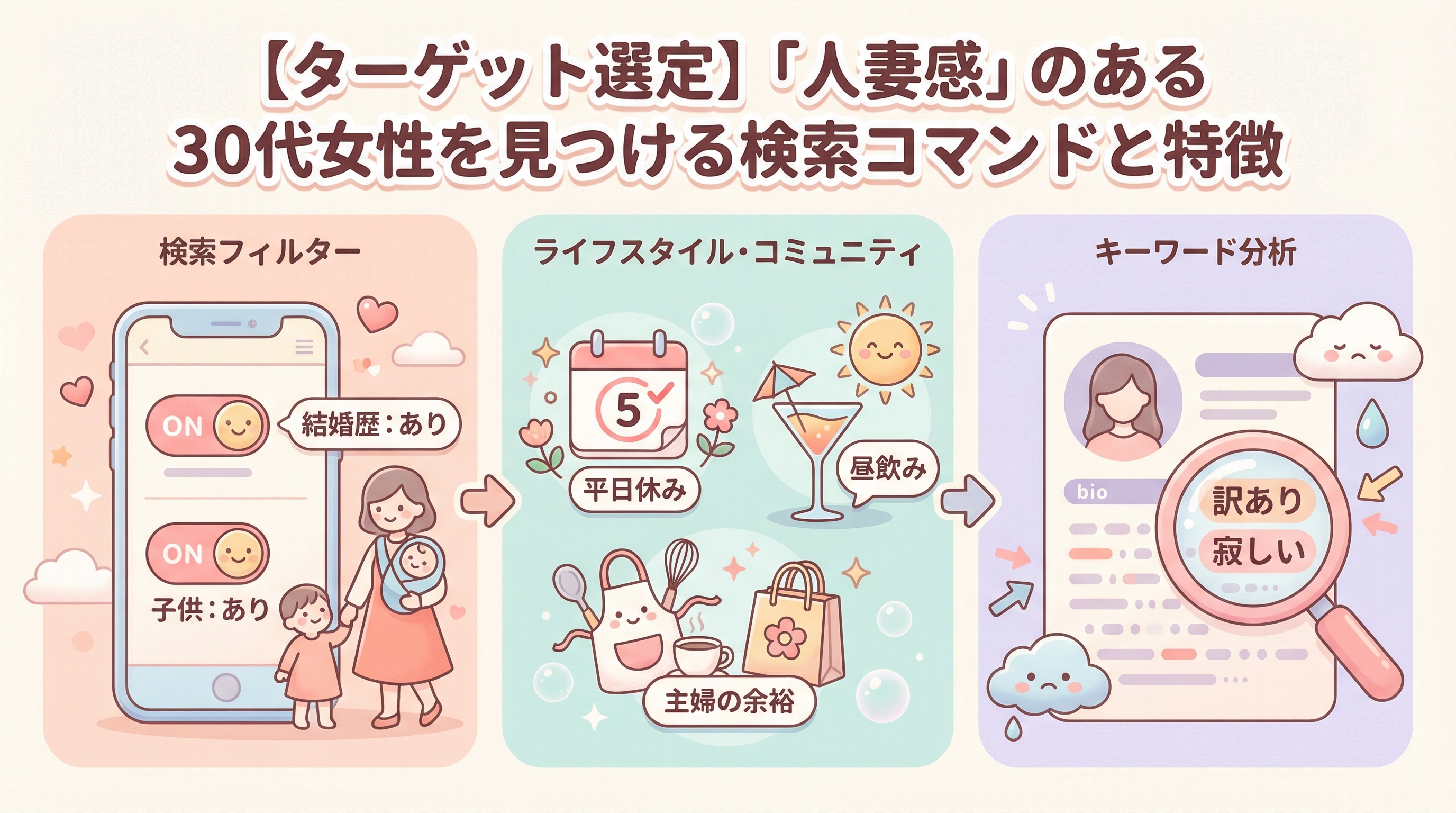 【ターゲット選定】「人妻感」のある30代女性を見つける検索コマンドと特徴