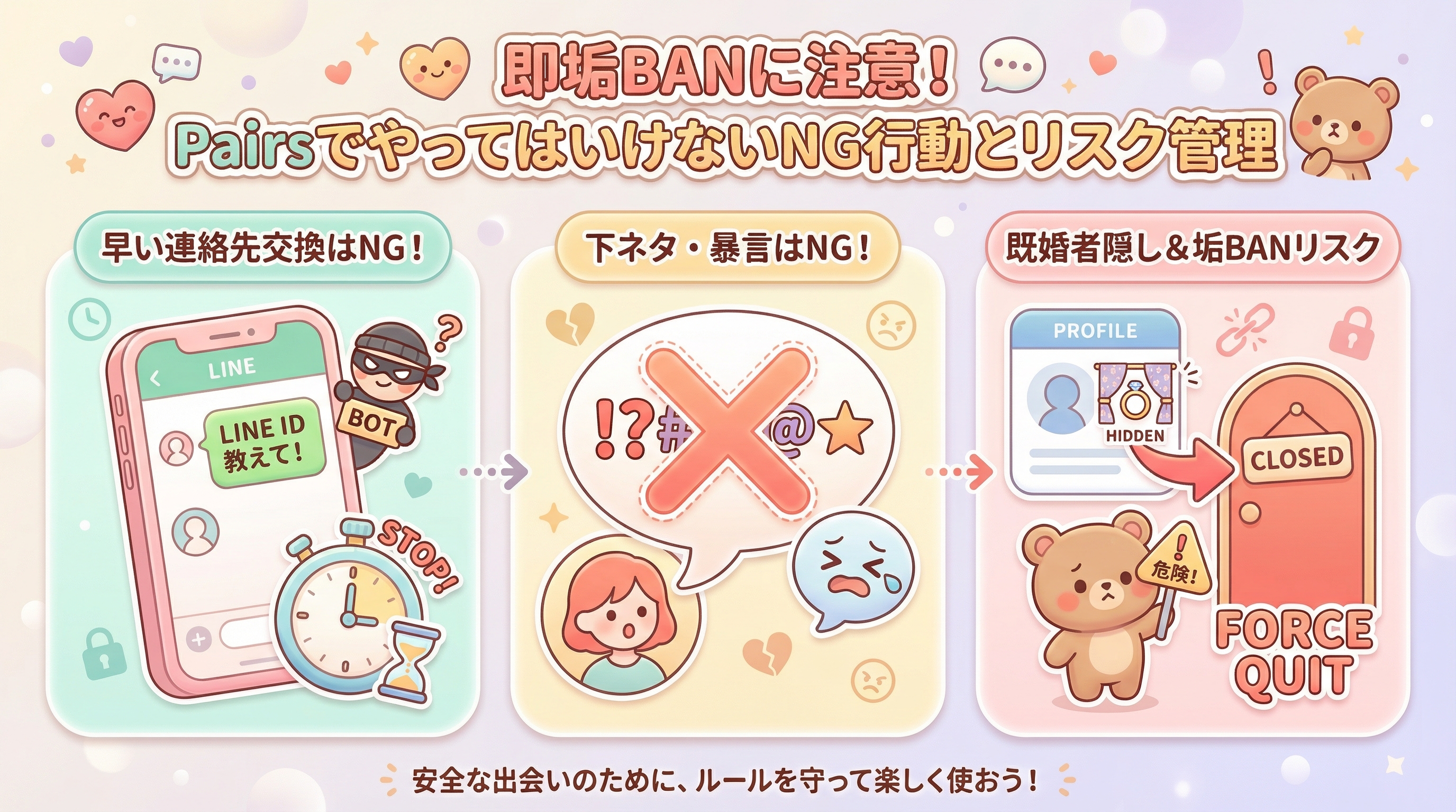 即垢BANに注意!PairsでやってはいけないNG行動とリスク管理