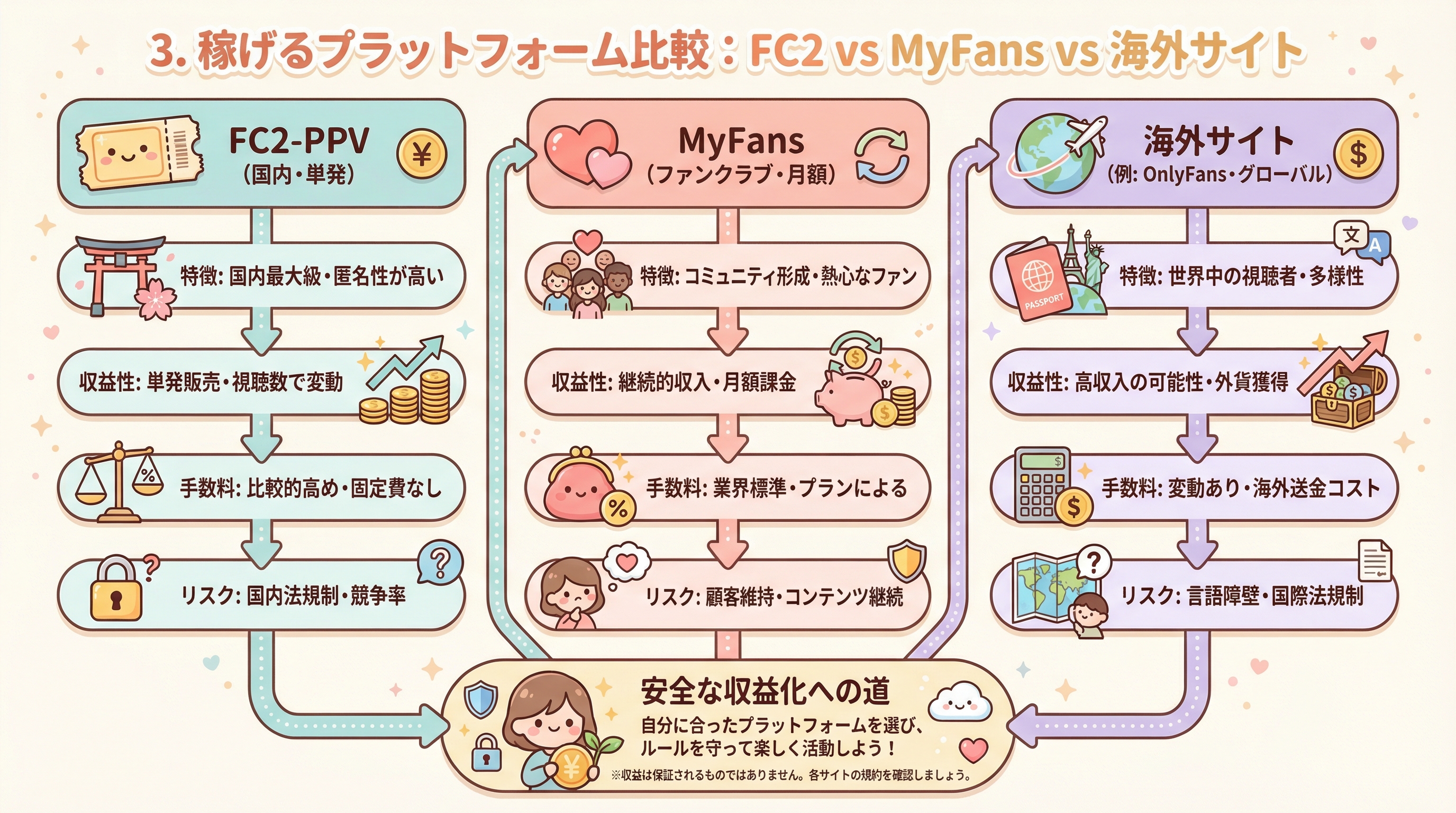 3. 稼げるプラットフォーム比較:FC2 vs MyFans vs 海外サイト