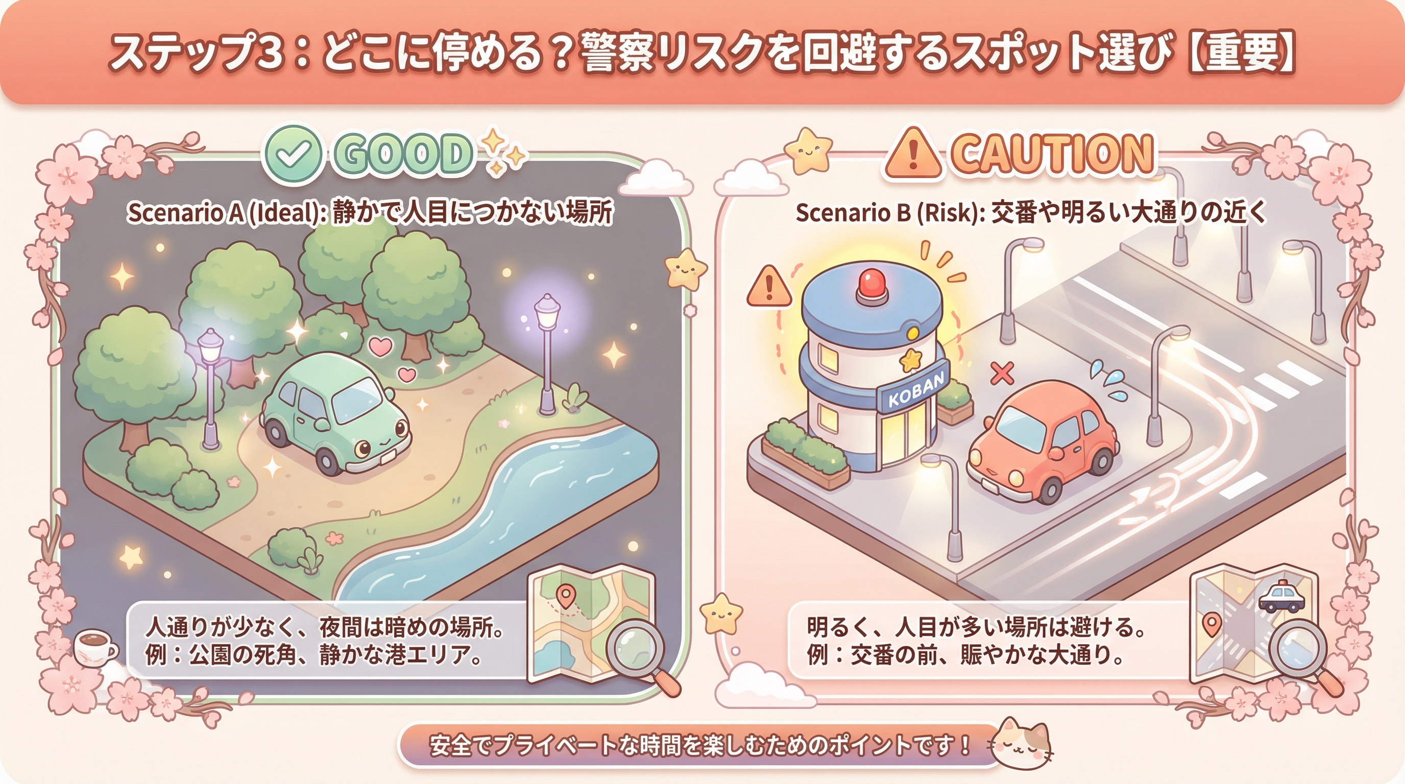 ステップ3:どこに停める?警察リスクを回避するスポット選び【重要】