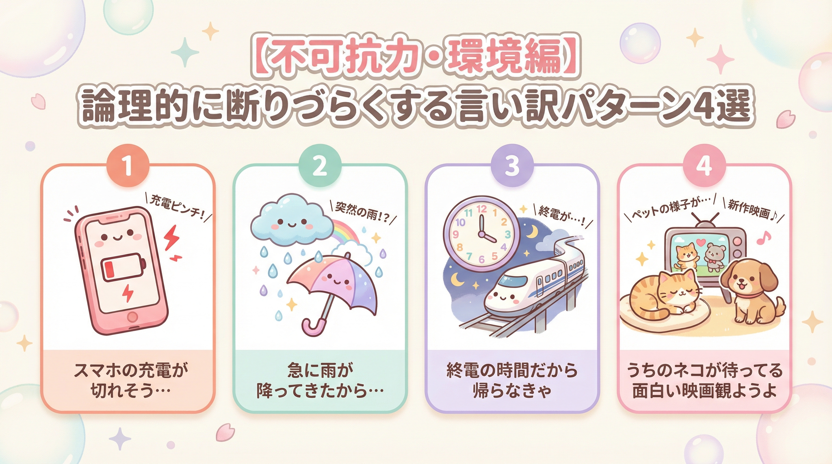 【不可抗力・環境編】論理的に断りづらくする言い訳パターン4選