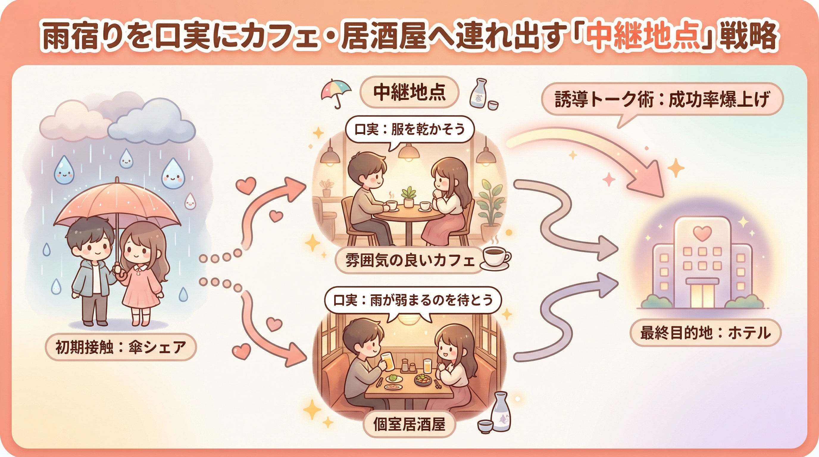 雨宿りを口実にカフェ・居酒屋へ連れ出す「中継地点」戦略