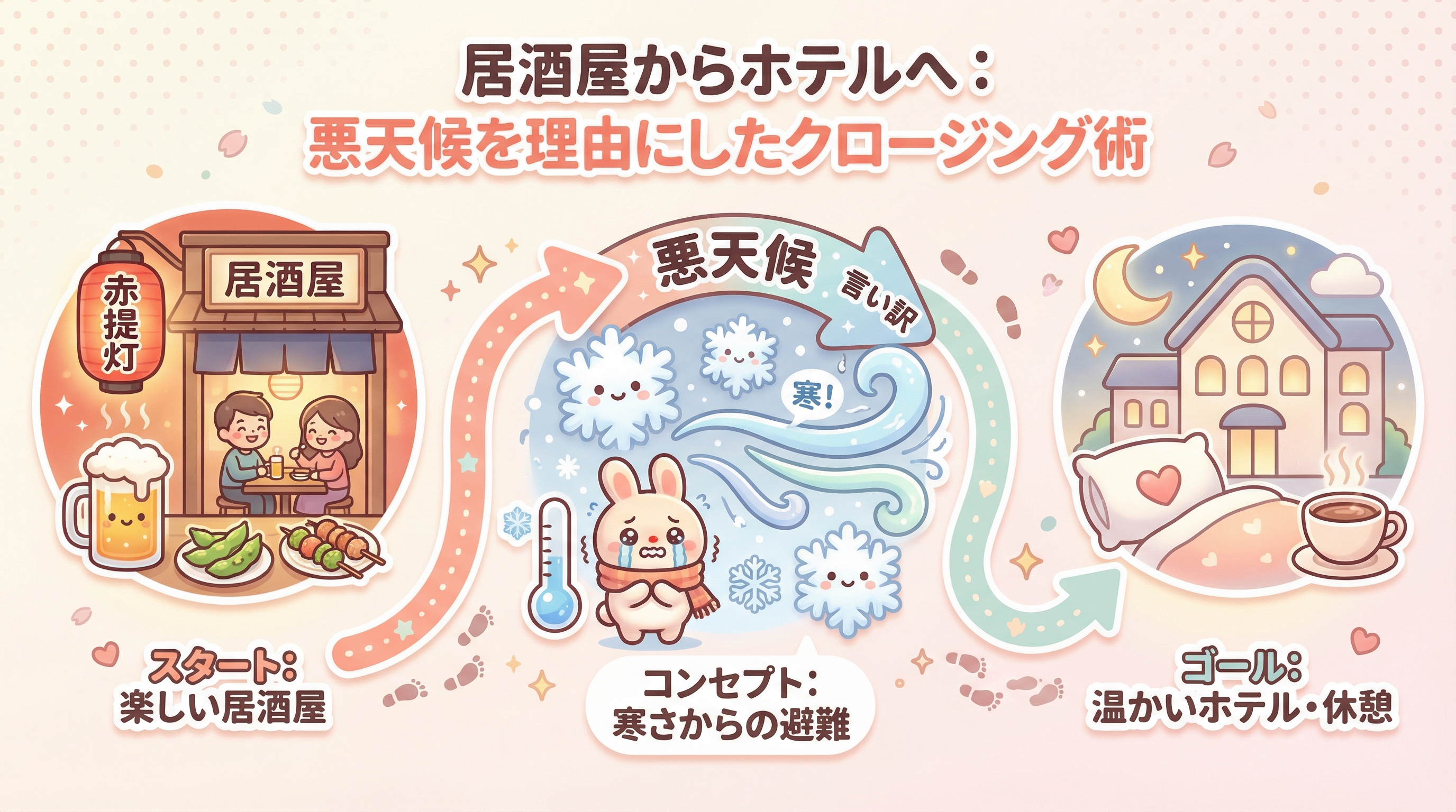 居酒屋からホテルへ:悪天候を理由にしたクロージング術