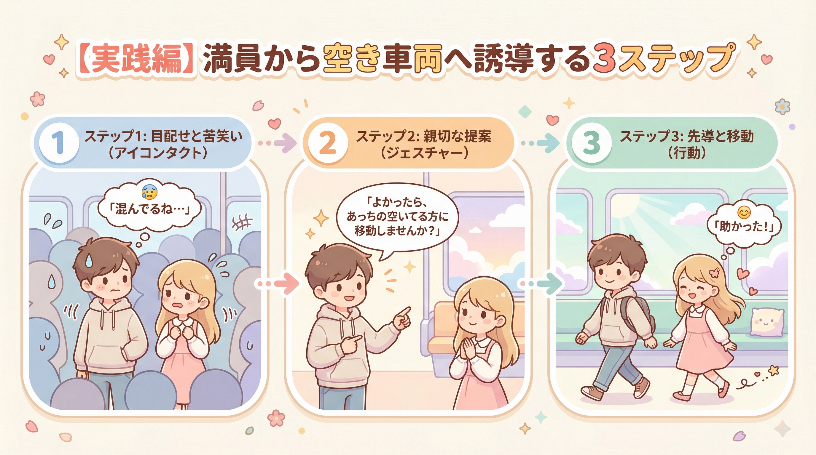 【実践編】満員から空き車両へ誘導する3ステップ